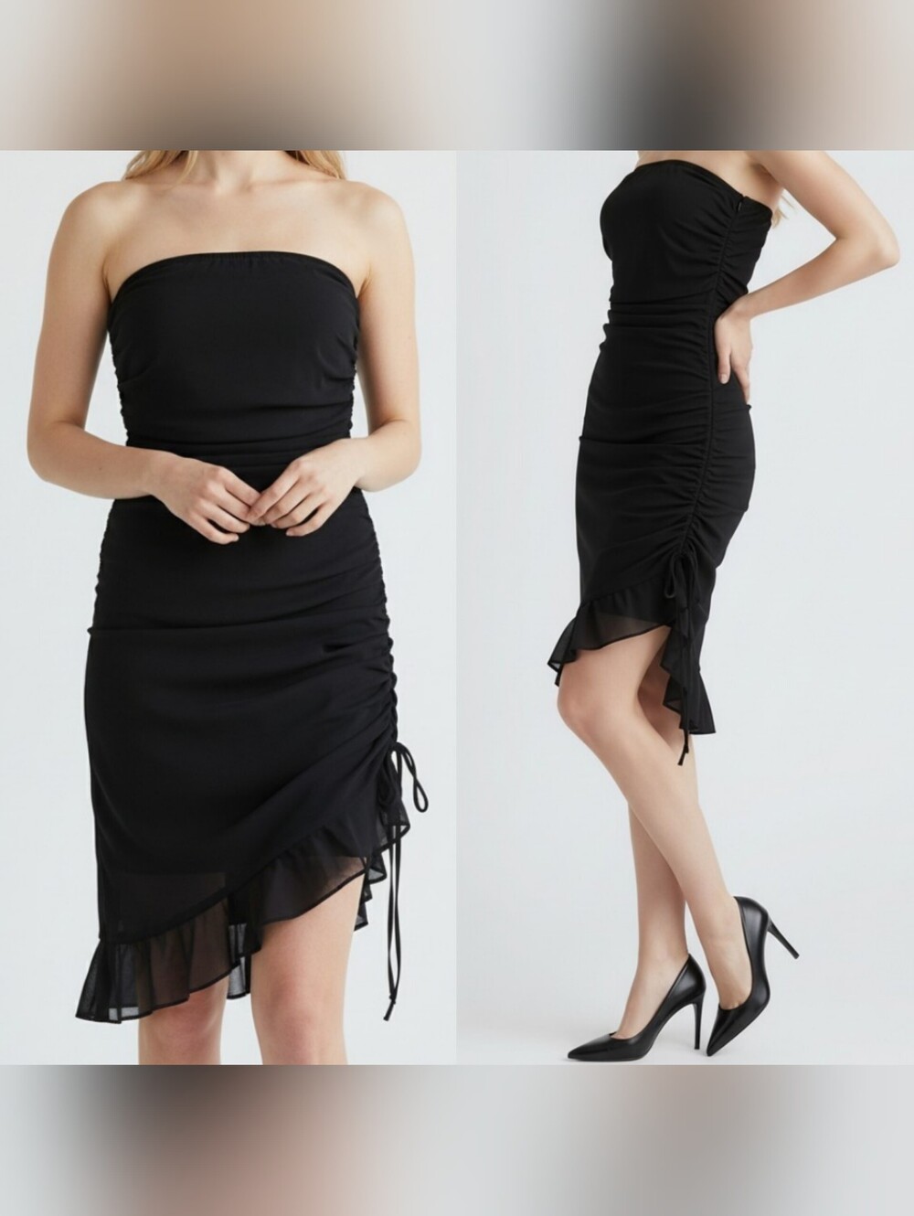 White House BM size 8 strapless ruched bodycon dress black tiered mesh stretch